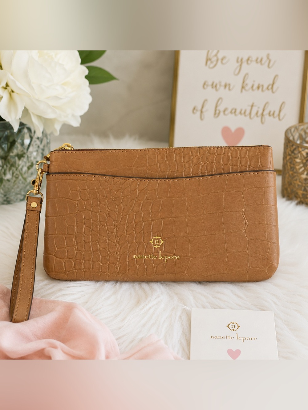 Nanette Lepore Tan Croc-Embossed Leather Wristlet with Gold Logo